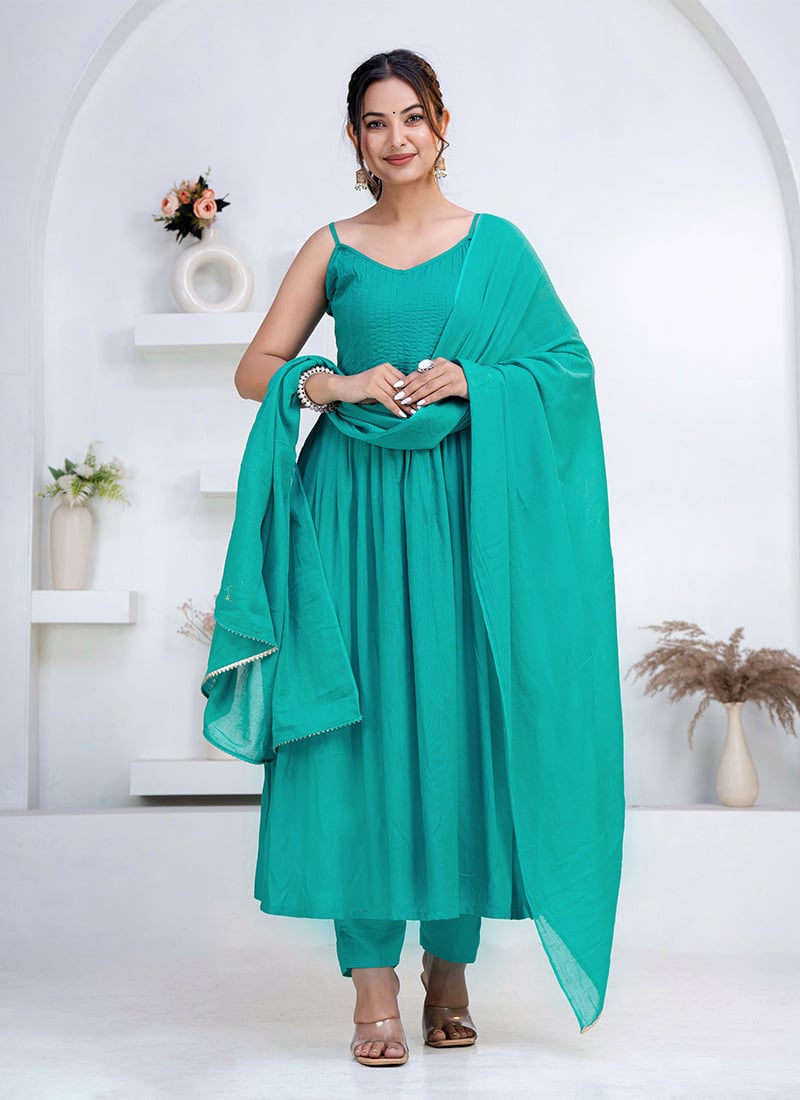 Elegant Rama Green Rayon Anarkali Suit After Six Wear