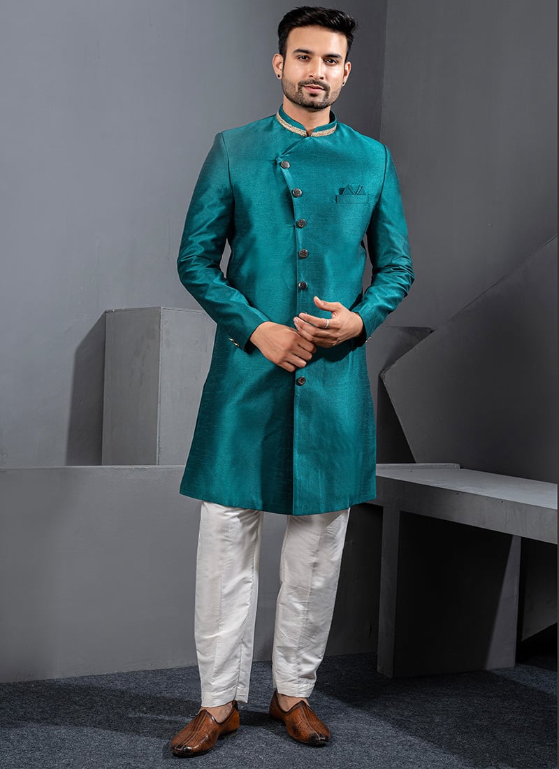 Elegant Rama Green Silk Lace Work Indowestern Sherwani Wedding Wear