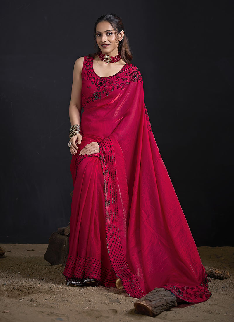 Elegant Rani Fandy Satin Silk Two Tone Sequins Tikki Work Saree After Six Wear