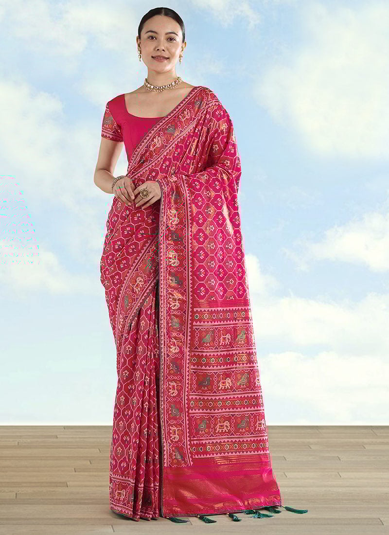 Elegant Rani Pink Banarasi Satin Silk Patola Zari Woven Saree Festive Wear