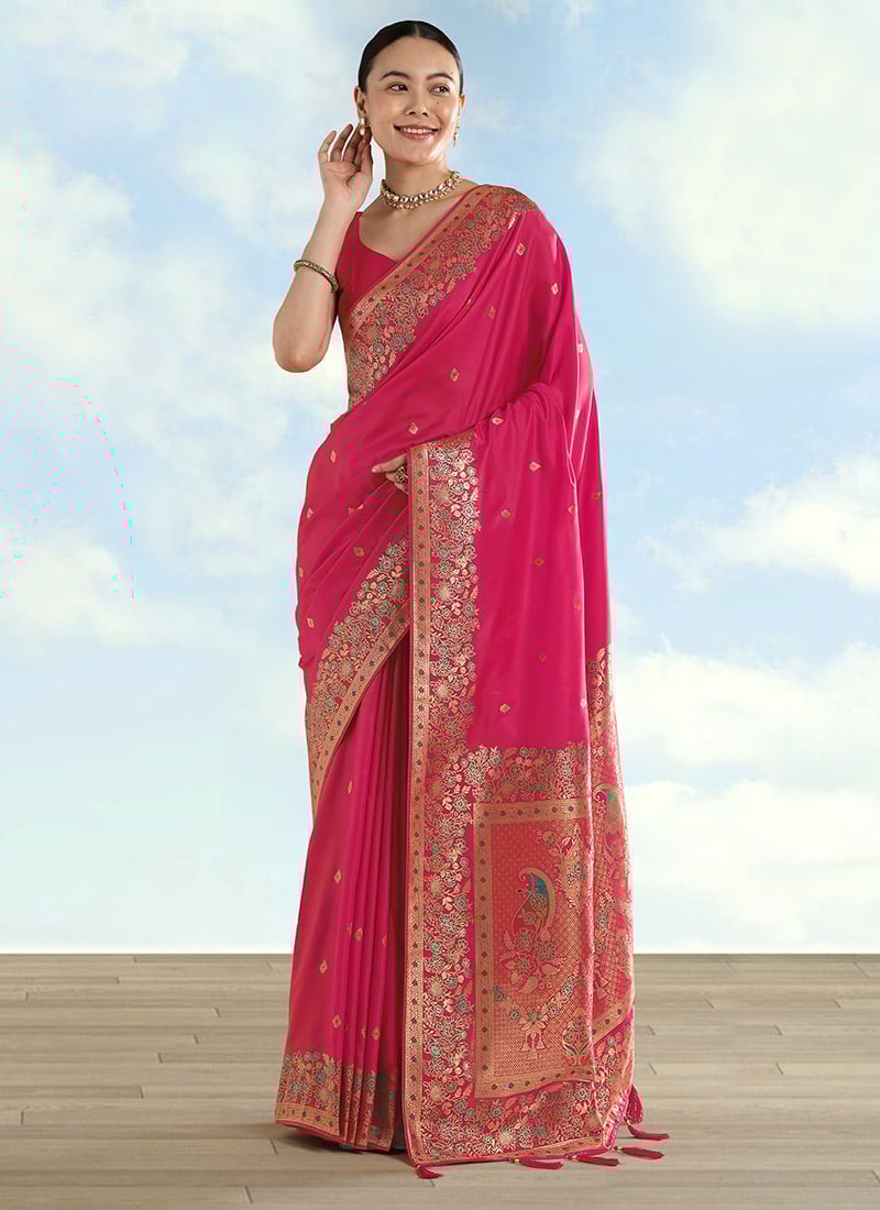 Elegant Rani Pink Banarasi Satin Silk Zari Woven Saree Festive Wear