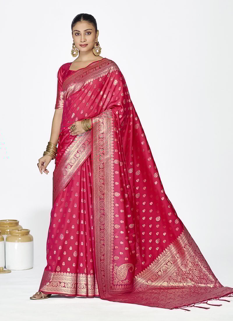 Elegant Rani Pink Banarasi Silk Zari Woven Saree Festive Wear
