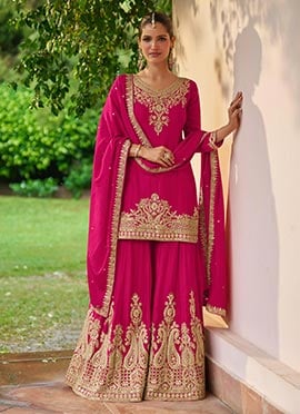 Elegant Rani Pink Chinon Embroidered Sequins Palazzo Suit