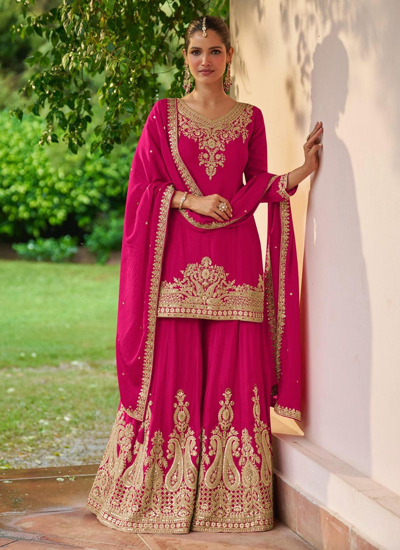 Elegant Rani Pink Chinon Embroidered Sequins Palazzo Suit Festive Wear