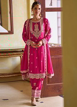 Elegant Rani Pink Chinon Embroidered Stones Mirror Work Straight Pant Suit