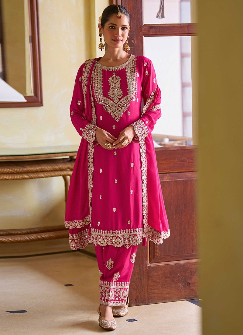 Elegant Rani Pink Chinon Embroidered Stones Mirror Work Straight Pant Suit Festive Wear