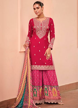 Elegant Rani Pink Chinon Silk Zari Sequins Embroidered Palazzo Suit