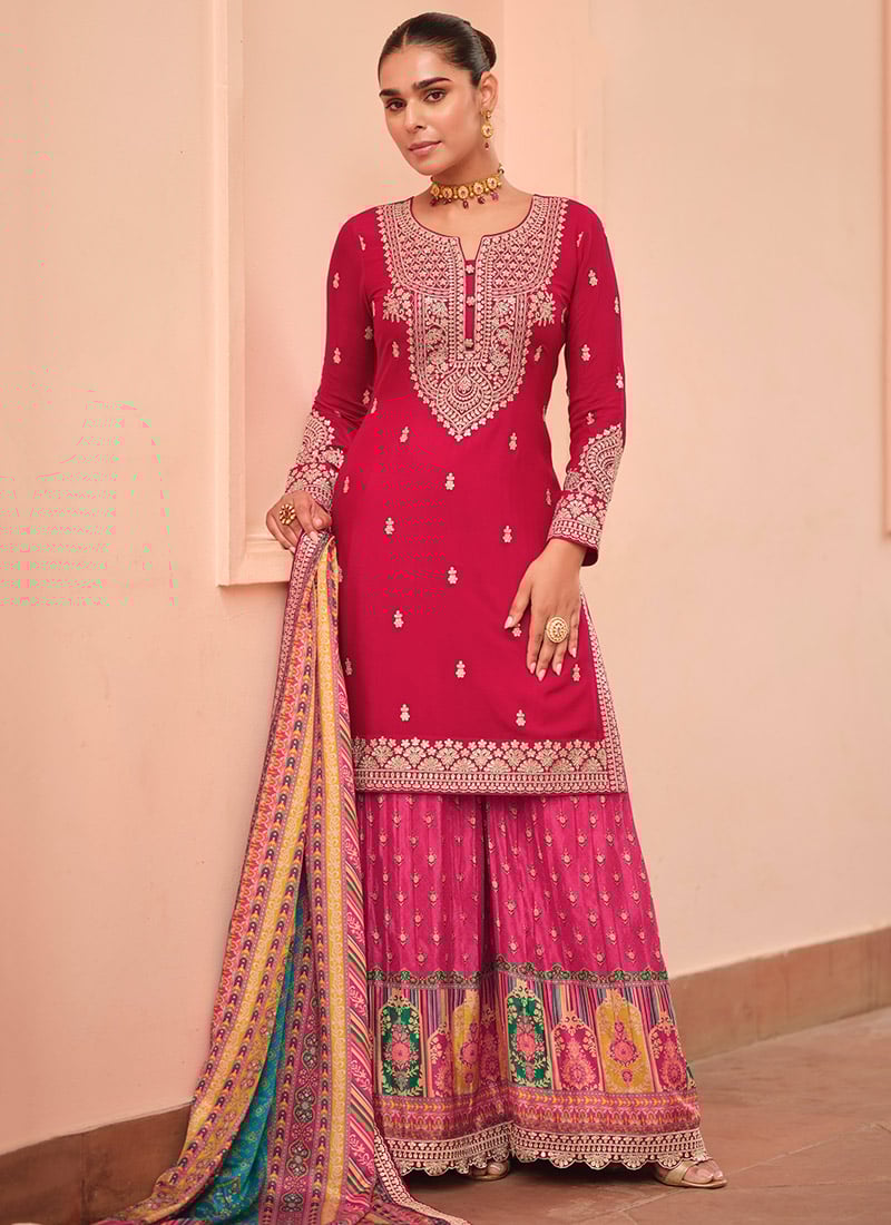 Elegant Rani Pink Chinon Silk Zari Sequins Embroidered Palazzo Suit Festive Wear