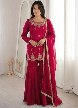 Elegant Rani Pink Fendy Silk Embroidered Stones Sequins Sharara Suit