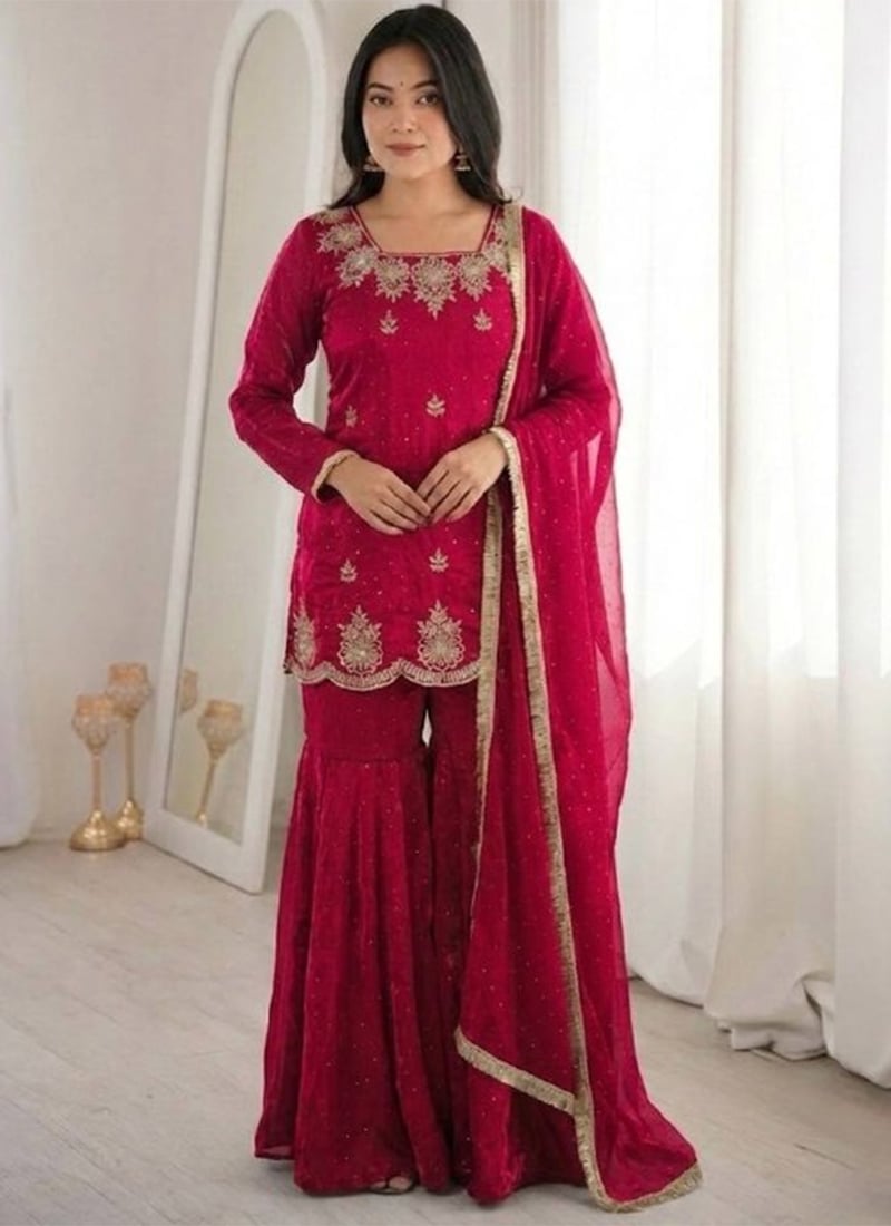 Elegant Rani Pink Fendy Silk Embroidered Stones Sequins Sharara Suit Festive Wear