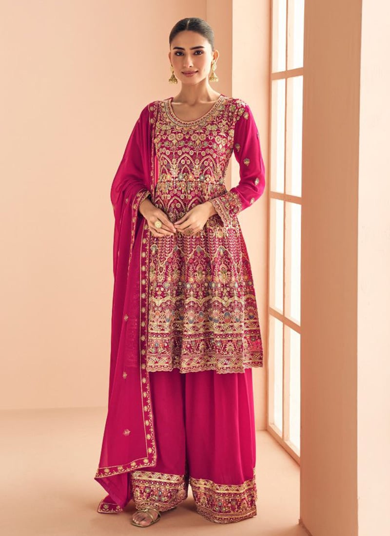 Elegant Rani Pink Georgette Embroidered Sequins Thread Palazzo Suit Festive Wear