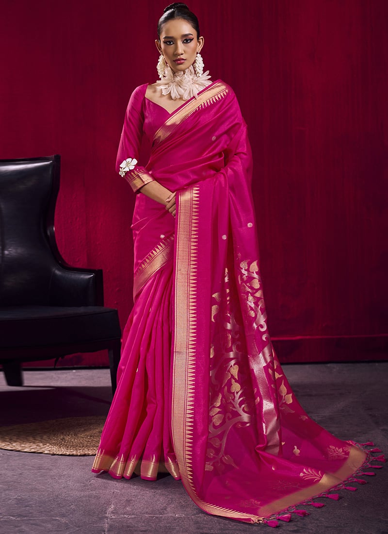 Elegant Rani Pink Satin Linen Silk Handloom Zari Weaving Saree Festive Wear