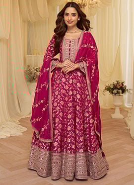 Elegant Rani Pink Viscose Embroidered Sequins Beads Jacquard Anarkali Suit