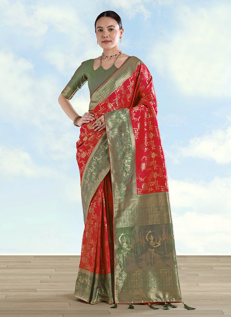 Elegant Red Banarasi Silk Zari Woven Saree Festive Wear
