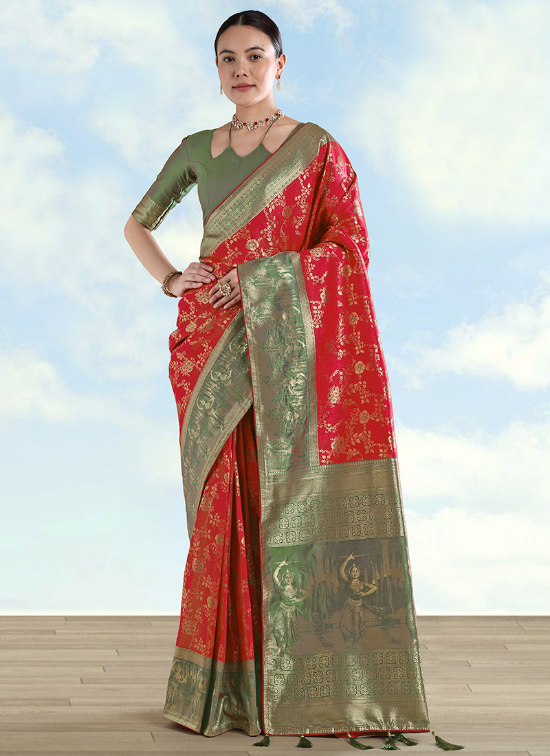 Elegant Red Banarasi Silk Zari Woven Saree Festive Wear