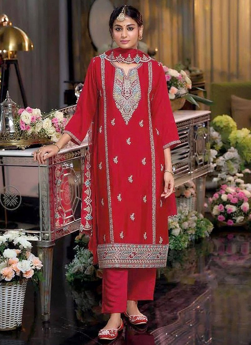 Elegant Red Chinon Silk Zari Embroidered Sequins Straight Pant Suit Festive Wear