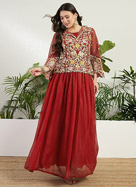 Elegant Red Faux Georgette Embroidered Indowestern Set and Suit