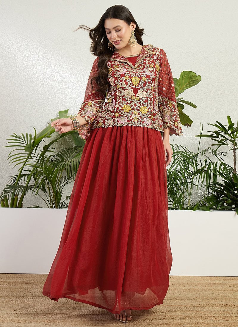 Elegant Red Faux Georgette Embroidered Indowestern Set and Suit Wedding Wear