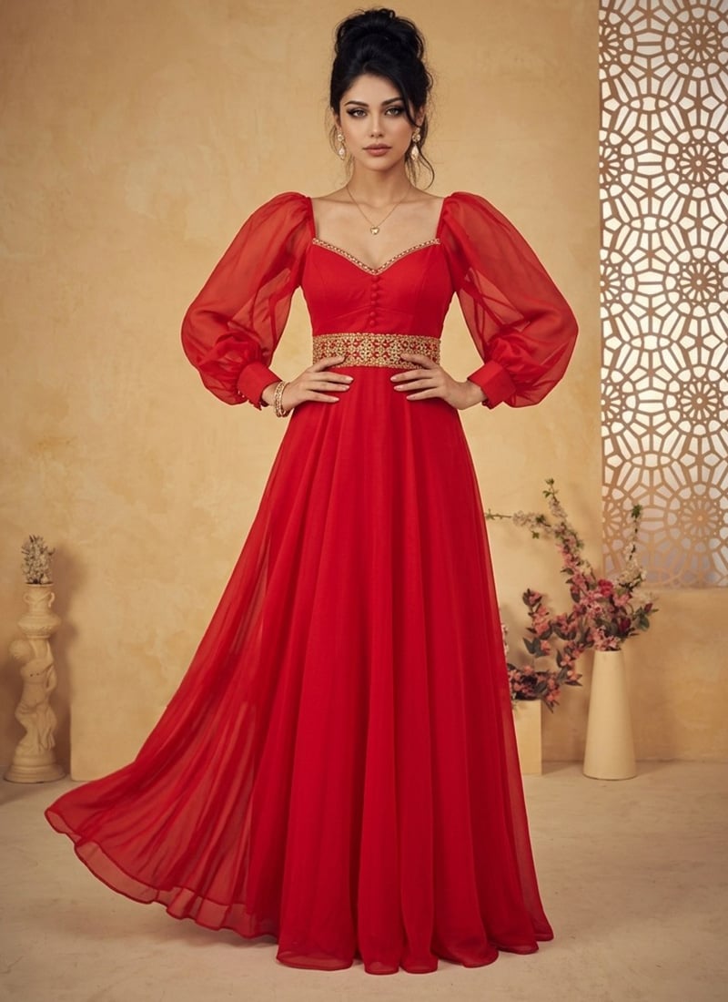 Elegant Red Faux Georgette Zari Sequins Gown Wedding Wear