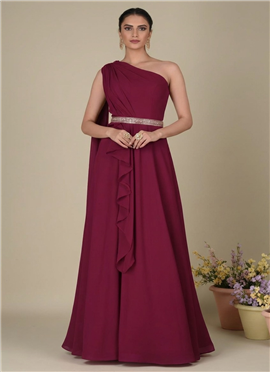 Elegant Red Georgett Indowestern One Shoulder Gown