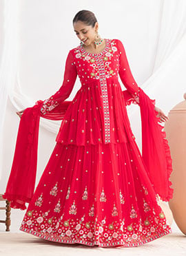 Elegant Red Georgette Embroidered Beads Resham Sequins Umbrella Lehenga