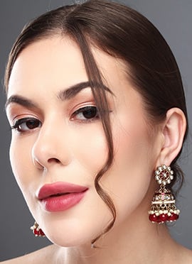 Elegant Red Kundan Pearl Meenakari Jhumka