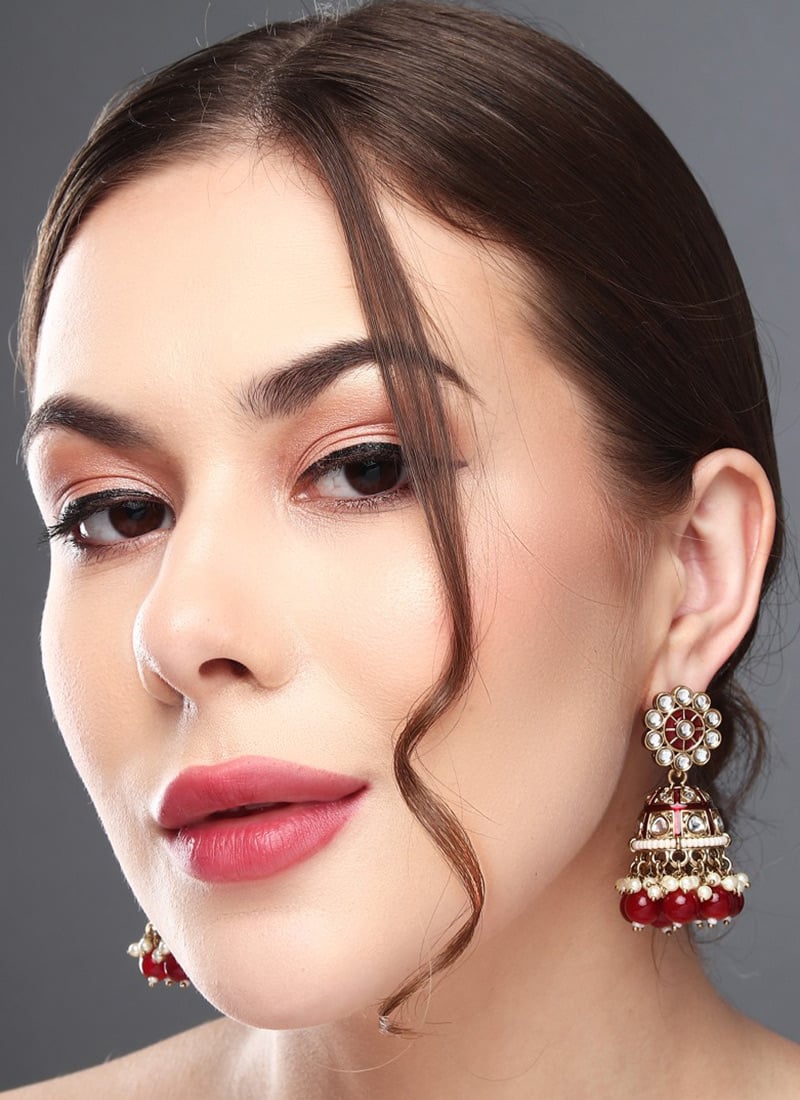 Elegant Red Kundan Pearl Meenakari Jhumka After Six Wear