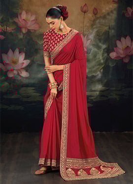 Elegant Red Muga Silk Zari Sequins Resham Embroidered Saree