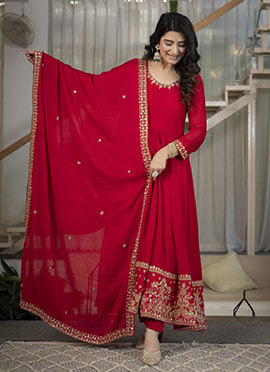 Elegant Red Rangoli Crush Silk Embroidered Sequins Anarkali Suit