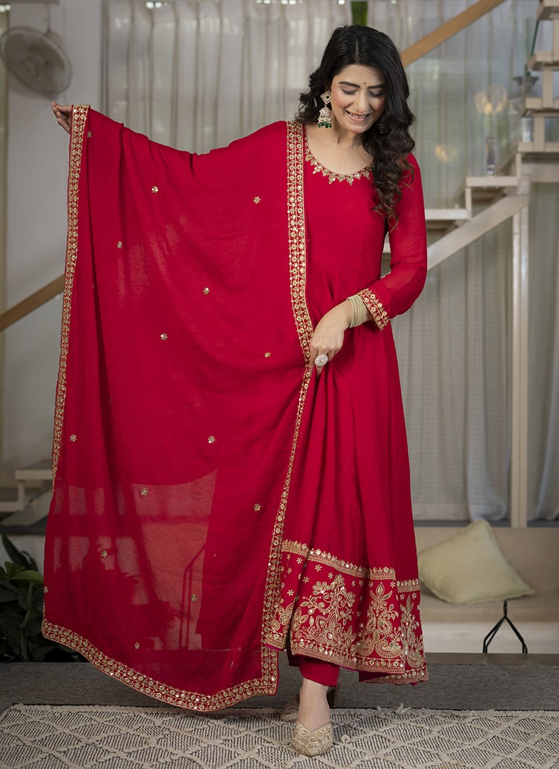Elegant Red Rangoli Crush Silk Embroidered Sequins Anarkali Suit Festive Wear