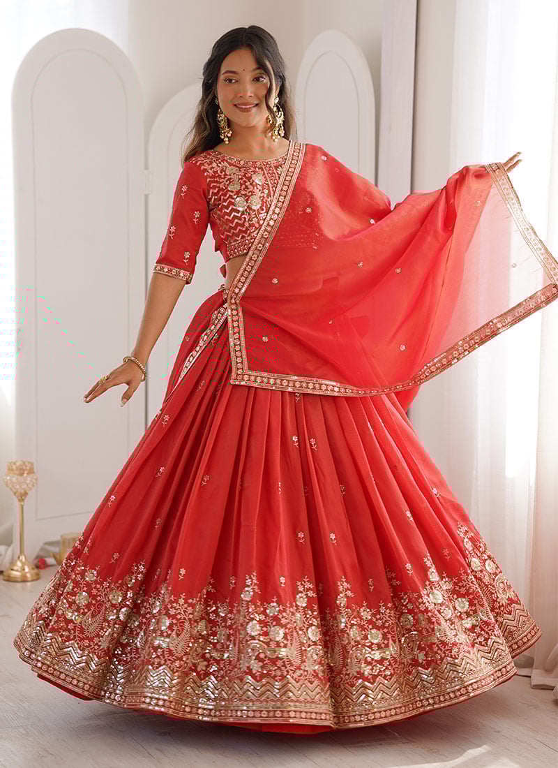 Elegant Red Shimmer Silk Sequins Thread Umbrella Lehenga Wedding Wear