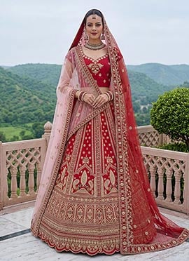Elegant Red Silk Embroidered Sequins Stones Zari Thread Umbrella Lehenga