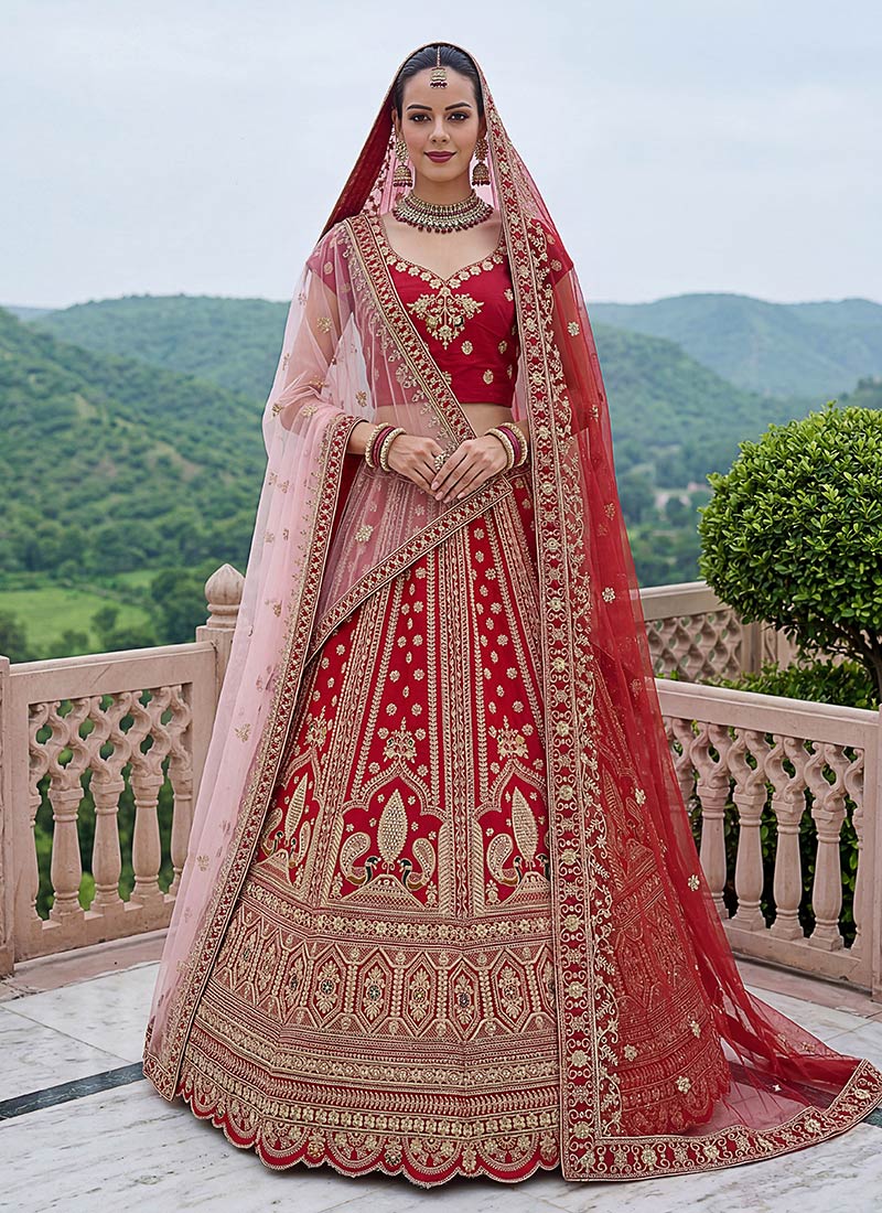 Elegant Red Silk Embroidered Sequins Stones Zari Thread Umbrella Lehenga Wedding Wear