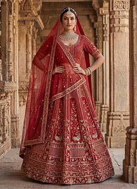 Elegant Red Silk Sequins Stones Zari Hand Embroidered Peacock Thread Umbrella Lehenga