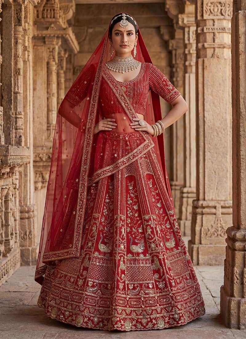 Elegant Red Silk Sequins Stones Zari Hand Embroidered Peacock Thread Umbrella Lehenga Wedding Wear