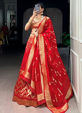 Elegant Red Silk Zari Woven Umbrella Lehenga