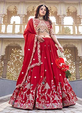 Elegant Red Vichitra Silk Embroidered Sequins Thread Umbrella Lehenga