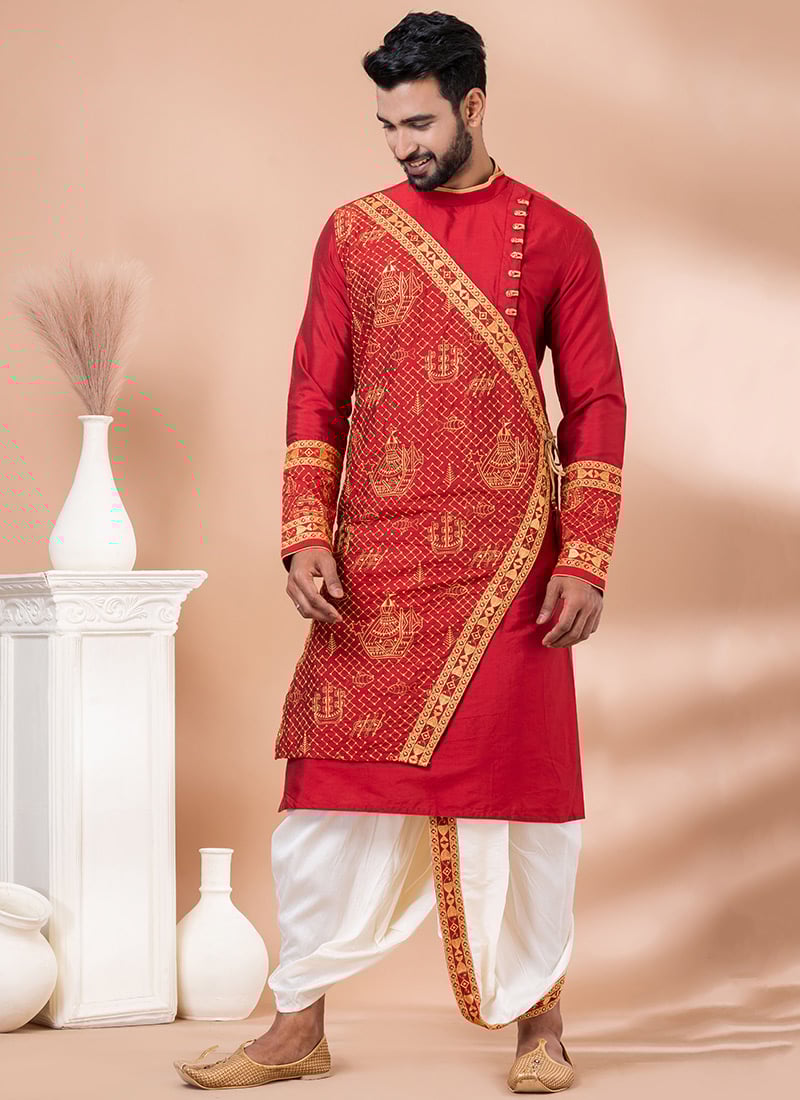Elegant Red Viscose Embroidered Kurta With Dhoti Style Pyjama Set Festive Wear