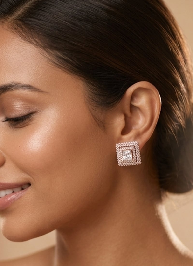 Elegant Rose Gold Finish 925 Sterling Silver Moissanite Stud Earrings Wedding Wear