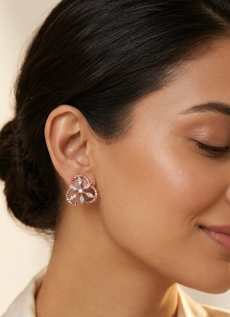 Elegant Rose Gold Plated 925 Sterling Silver Moissanite Stone Stud Earrings Wedding Wear