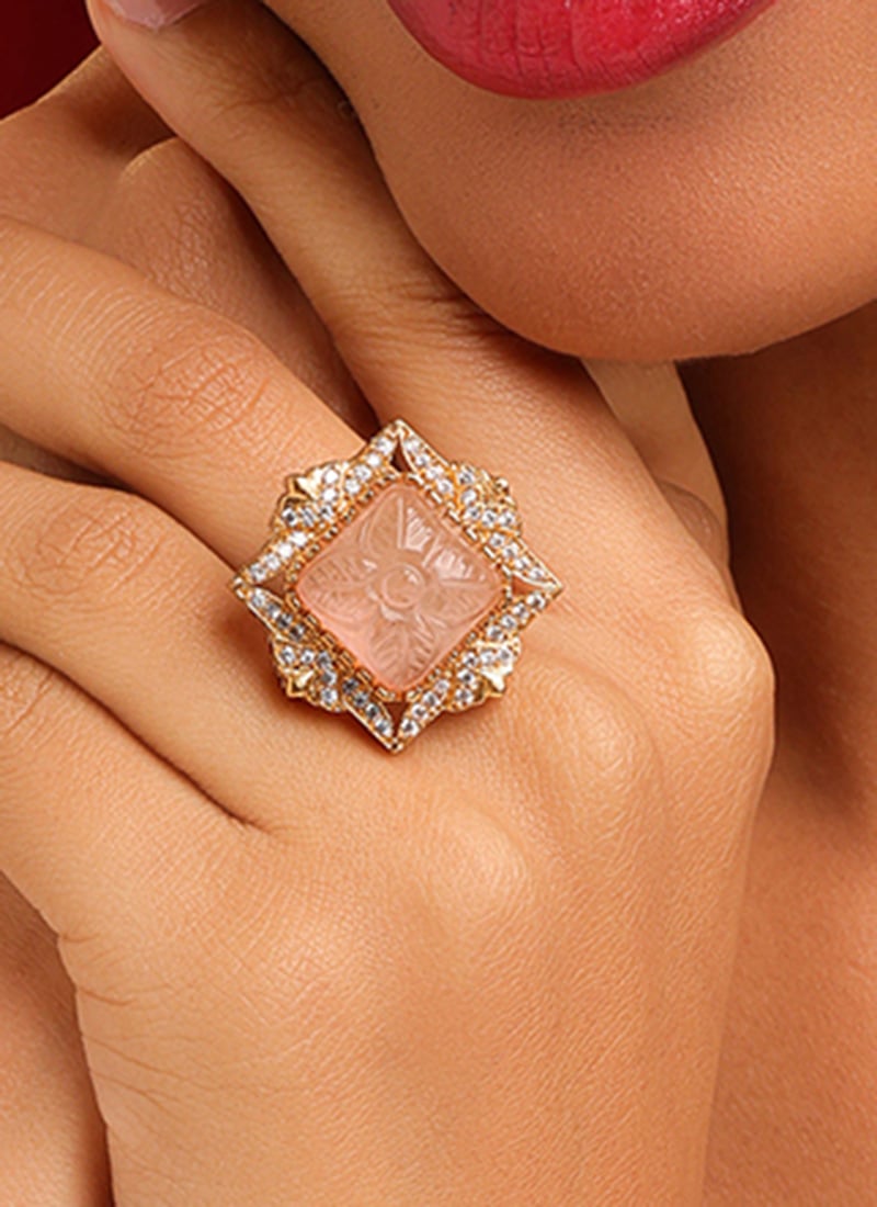 Elegant Rose Pink Brass Kundan Stone Ring Wedding Wear