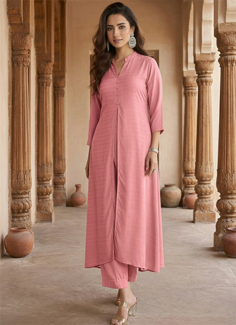 Elegant Rose Pink Rayon Kurta Set  Festive Wear