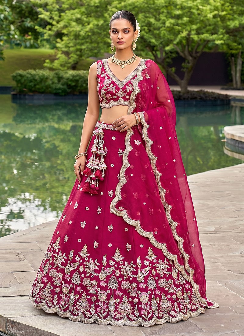 Elegant Rose Tissue Embroidered Umbrella Lehenga Wedding Wear