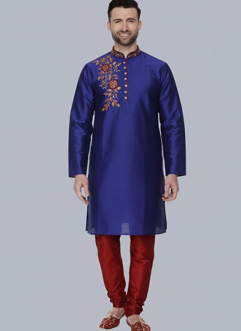 Elegant Royal Blue Dupion Silk Embroidered Kurta Pyjama Festive Wear