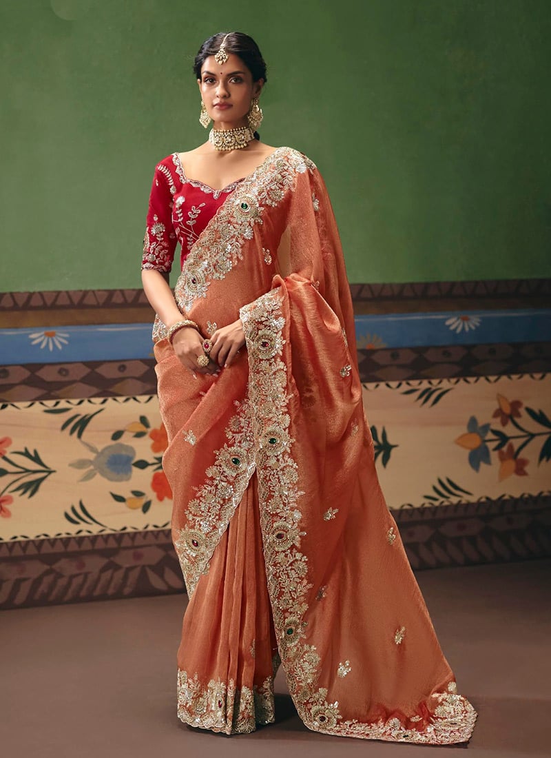 Elegant Rust Art Silk Embroidered Sequins Stones Beads Saree Wedding Wear