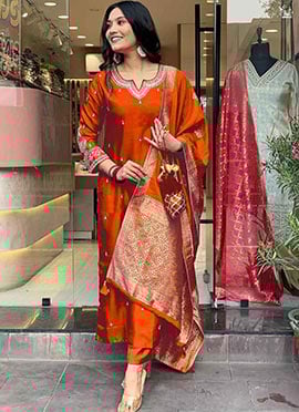 Elegant Rust Cotton Embroidered Straight Pant Suit