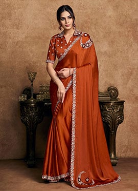 Elegant Rust Lustrous Satin Silk Embroidered Stone Beads Sequins Zari Saree