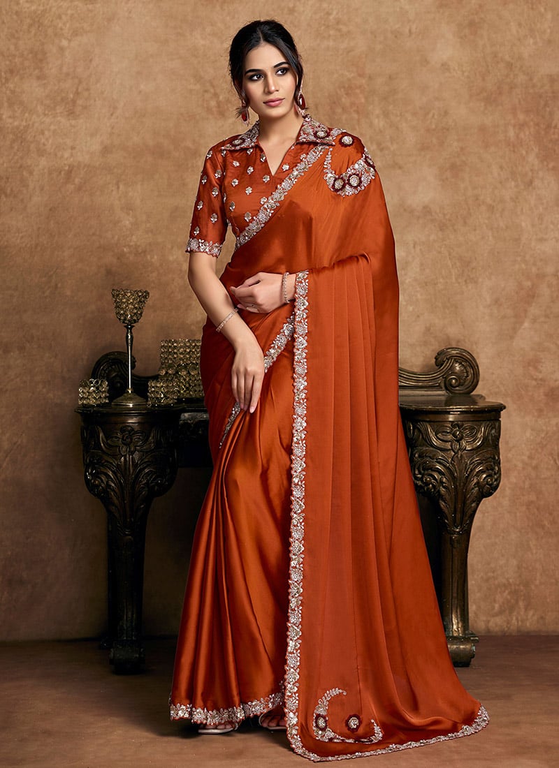 Elegant Rust Lustrous Satin Silk Embroidered Stone Beads Sequins Zari Saree Wedding Wear