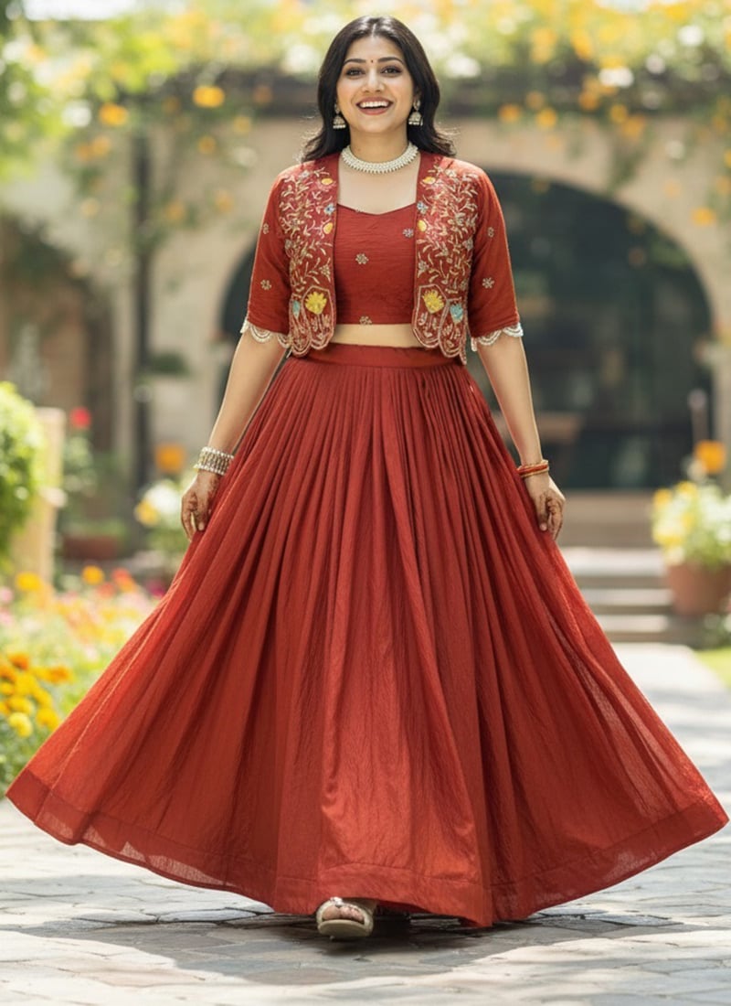 Elegant Rust Vichitra Silk Embroidered Indowestern Set and Suit Wedding Wear