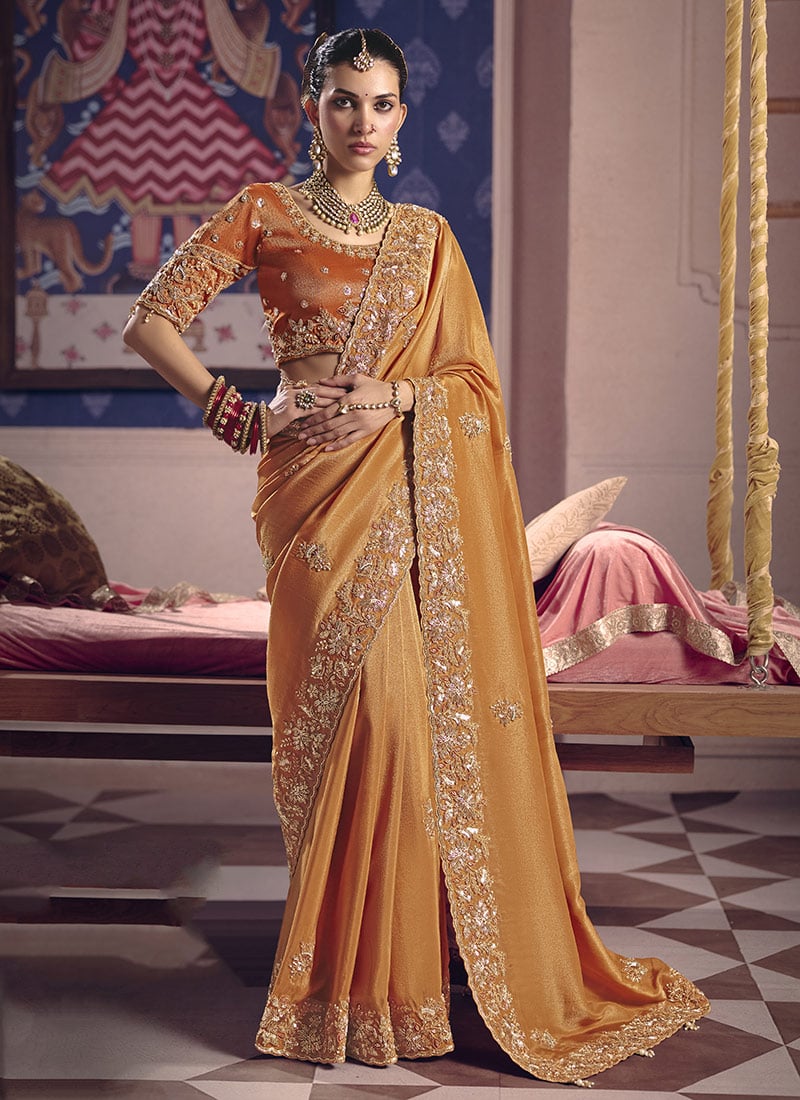 Elegant Saffron Viscose Tissue Beads Embroidered Sequins Saree Wedding Wear